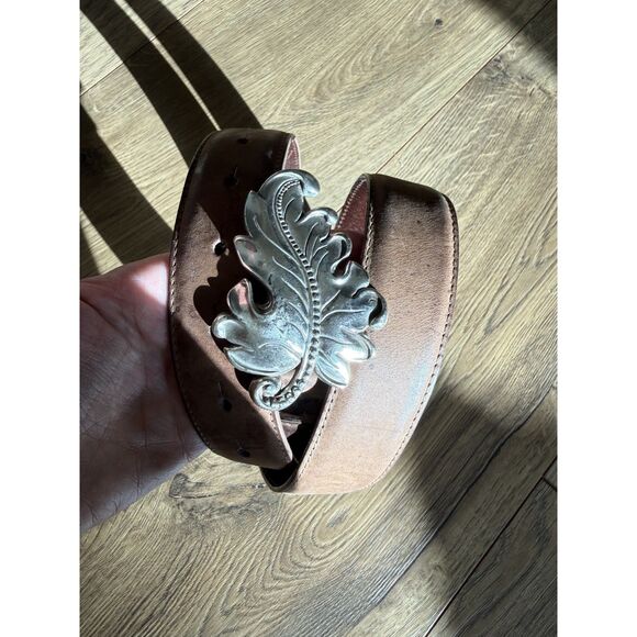 LEATHER L brown western Acanthus Silver leaf belt buckle cowboy Rodeo USA